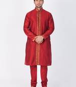 Men Maroon Cotton Silk Kurta And Pyjama Set