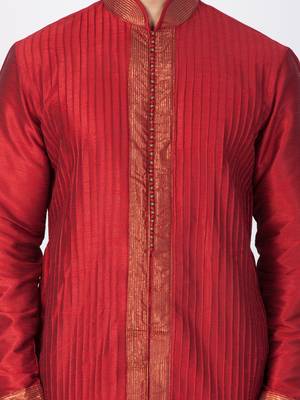 Men Maroon Cotton Silk Kurta And Pyjama Set 2