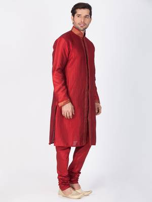 Men Maroon Cotton Silk Kurta And Pyjama Set 3