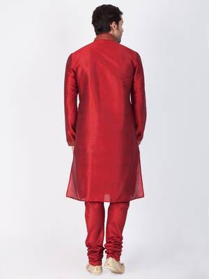 Men Maroon Cotton Silk Kurta And Pyjama Set 4