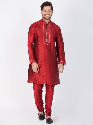 Men Maroon Cotton Silk Kurta And Pyjama Set 1