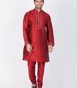 Men Maroon Cotton Silk Kurta And Pyjama Set