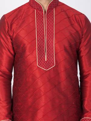 Men Maroon Cotton Silk Kurta And Pyjama Set 2