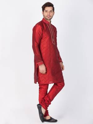 Men Maroon Cotton Silk Kurta And Pyjama Set 3