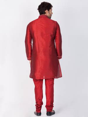 Men Maroon Cotton Silk Kurta And Pyjama Set 4