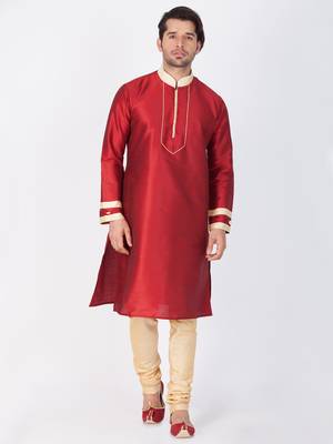 Men Maroon Cotton Silk Kurta And Pyjama Set 1