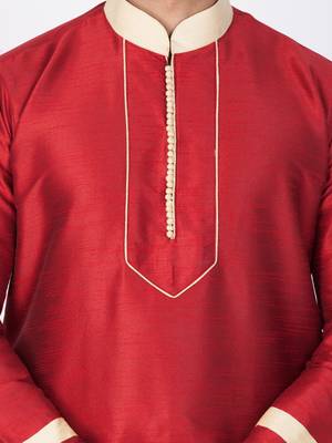 Men Maroon Cotton Silk Kurta And Pyjama Set 2