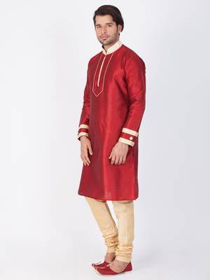 Men Maroon Cotton Silk Kurta And Pyjama Set 3