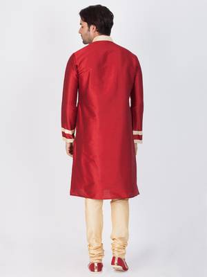 Men Maroon Cotton Silk Kurta And Pyjama Set 4