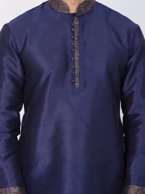 Men Blue Cotton Silk Kurta And Pyjama Set 2
