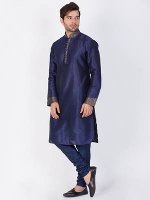 Men Blue Cotton Silk Kurta And Pyjama Set 3