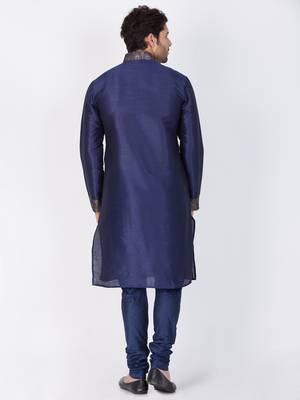 Men Blue Cotton Silk Kurta And Pyjama Set 4