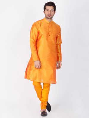 Men Orange Cotton Silk Kurta And Pyjama Set 1
