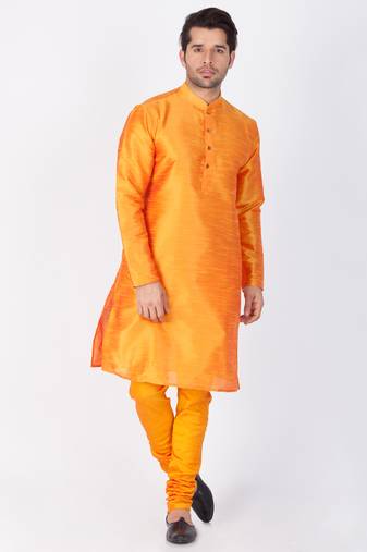 Men Orange Cotton Silk Kurta And Pyjama Set