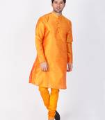 Men Orange Cotton Silk Kurta And Pyjama Set
