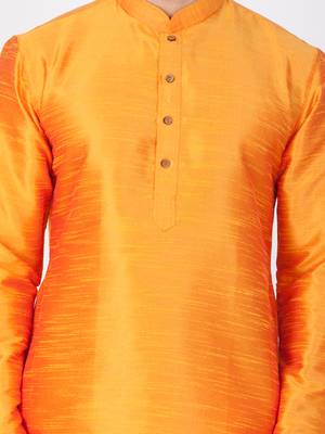 Men Orange Cotton Silk Kurta And Pyjama Set 2