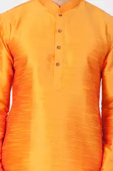 Men Orange Cotton Silk Kurta And Pyjama Set