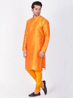 Men Orange Cotton Silk Kurta And Pyjama Set 3