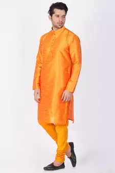 Men Orange Cotton Silk Kurta And Pyjama Set