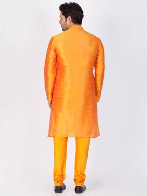 Men Orange Cotton Silk Kurta And Pyjama Set 4