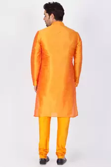 Men Orange Cotton Silk Kurta And Pyjama Set