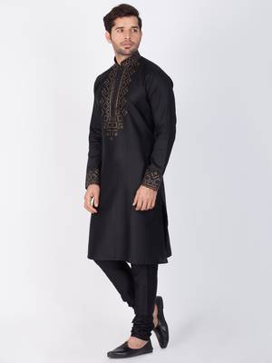 Men Black Cotton Kurta And Pyjama Set 3