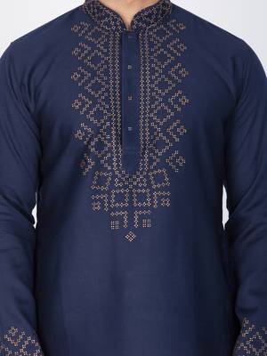 Men Blue Cotton Kurta And Pyjama Set 2