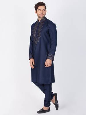 Men Blue Cotton Kurta And Pyjama Set 3