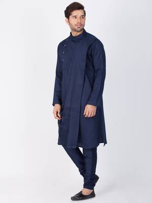 Men Blue Cotton Kurta And Pyjama Set 3