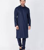 Men Blue Cotton Kurta And Pyjama Set