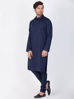 Men Blue Cotton Kurta And Pyjama Set 3