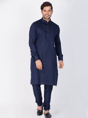 Men Blue Cotton Kurta And Pyjama Set 1