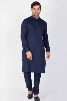 Men Blue Cotton Kurta And Pyjama Set