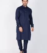 Men Blue Cotton Kurta And Pyjama Set