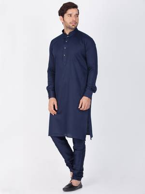 Men Blue Cotton Kurta And Pyjama Set 3