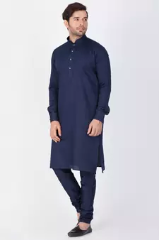 Men Blue Cotton Kurta And Pyjama Set
