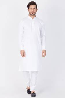 Men White Cotton Kurta And Pyjama Set
