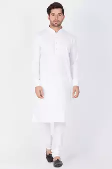 Men White Cotton Kurta And Pyjama Set