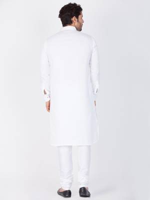 Men White Cotton Kurta And Pyjama Set 4