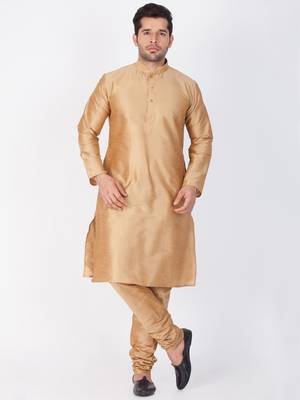 Men Gold Cotton Silk Kurta And Pyjama Set 1