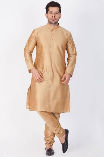 Men Gold Cotton Silk Kurta And Pyjama Set