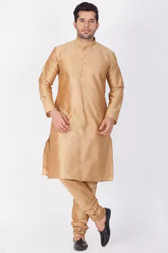 Men Gold Cotton Silk Kurta And Pyjama Set