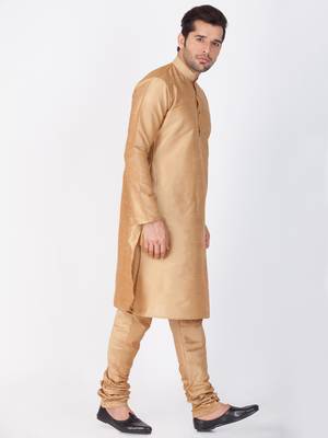 Men Gold Cotton Silk Kurta And Pyjama Set 3