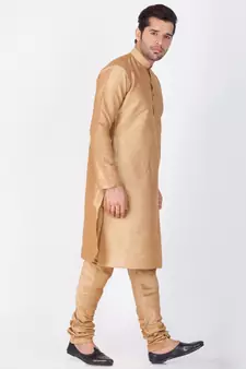 Men Gold Cotton Silk Kurta And Pyjama Set
