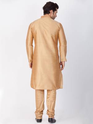 Men Gold Cotton Silk Kurta And Pyjama Set 4