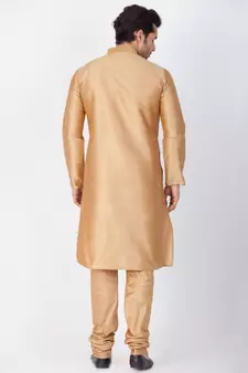 Men Gold Cotton Silk Kurta And Pyjama Set