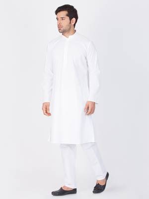 Men White Cotton Kurta And Pyjama Set 3