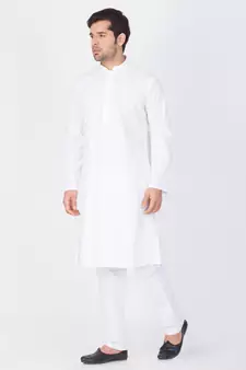 Men White Cotton Kurta And Pyjama Set