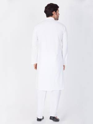 Men White Cotton Kurta And Pyjama Set 4