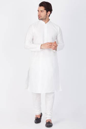 Men White Cotton Silk Kurta And Pyjama Set